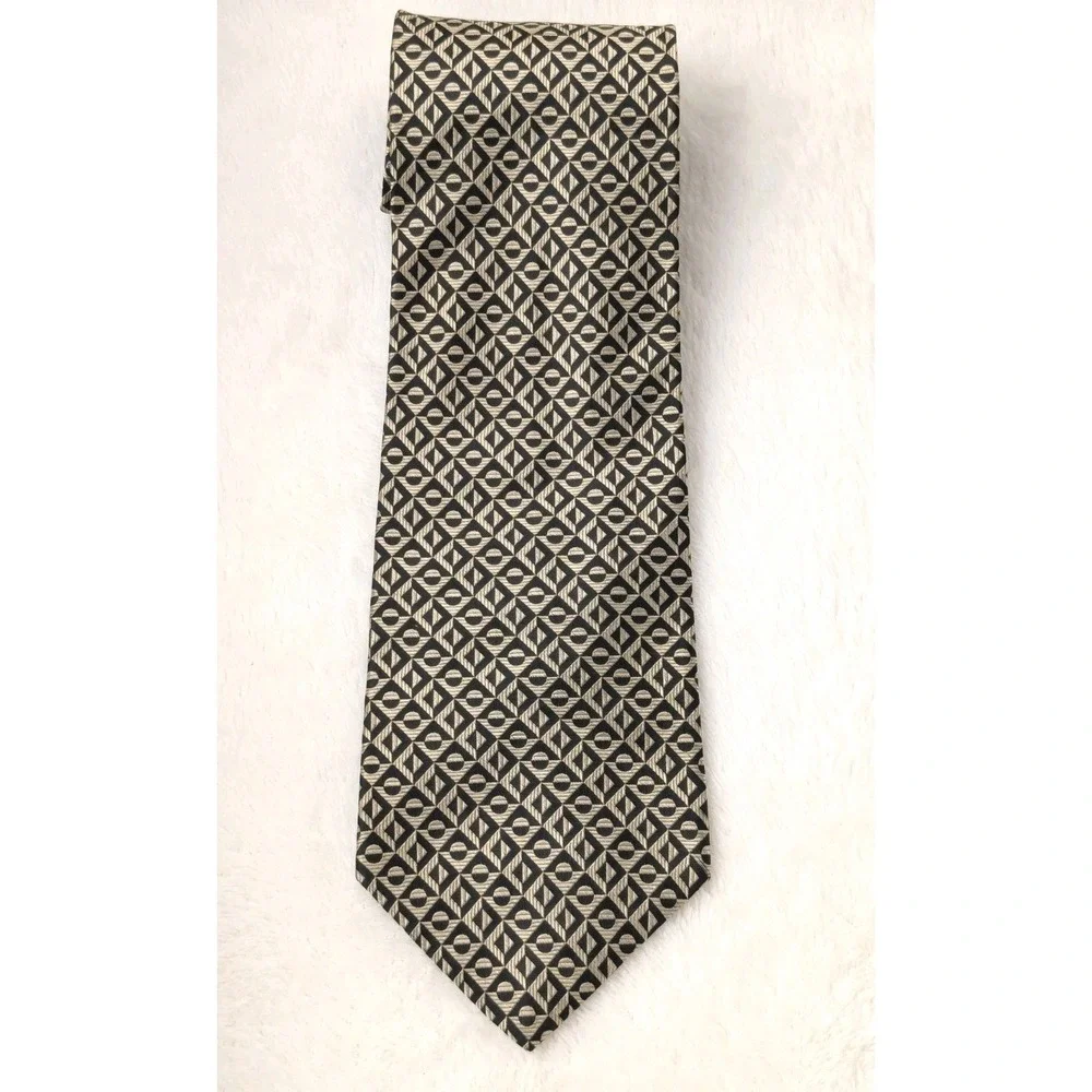 Bill Robinson 100%‎ Silk Tie Black Gold Geometric Pattern Fabric from Italy